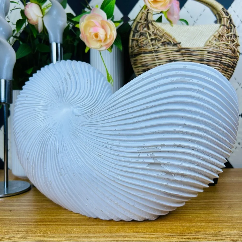 Large‎ Distressed Shell Vase White Resin Organic Sculptural Form Coastal Luxury